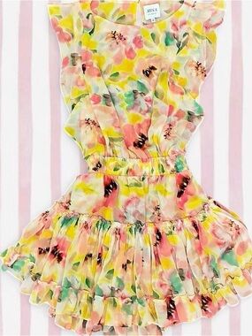 Misa Los Angeles Pink and Yellow Floral Ruffle Dress